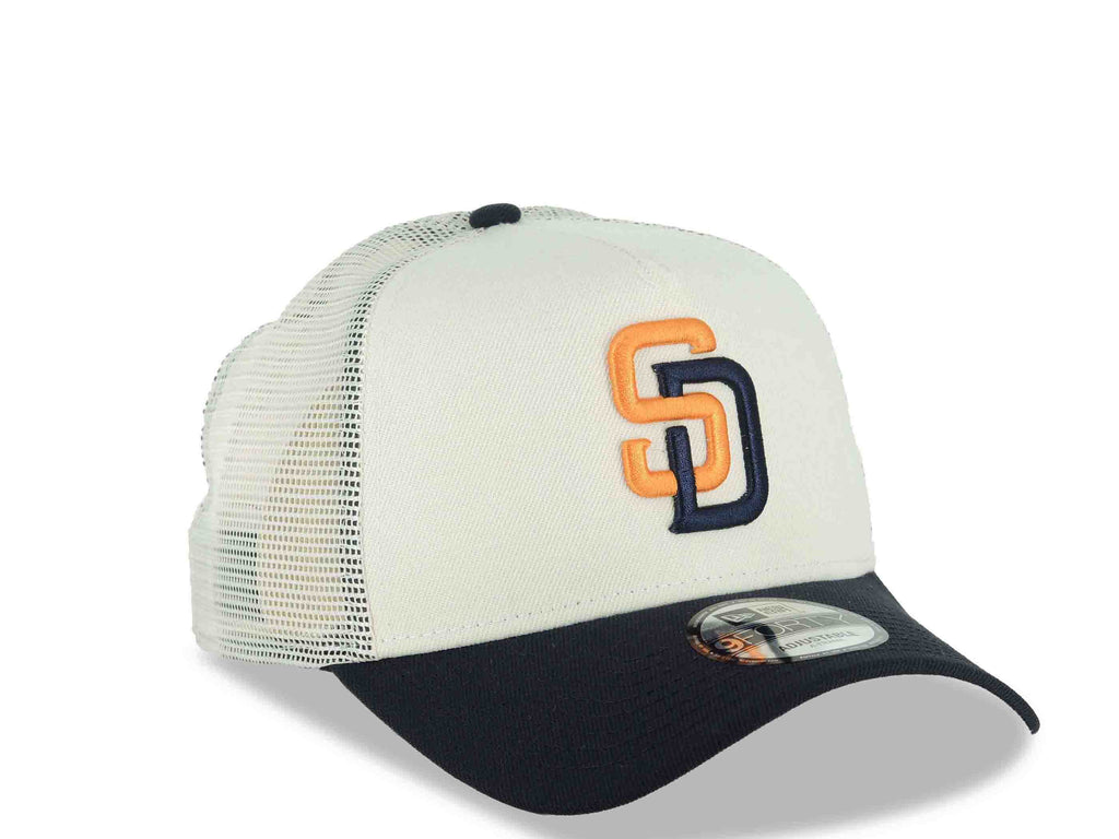 San Diego Padres New Era MLB 9FORTY 940 Adjustable A-Frame Mesh Trucker Cap Hat Cream Crown Navy Blue Visor Orange/Navy Blue Logo (2026 City Connect)