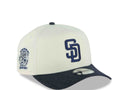 San Diego Padres New Era MLB 9FORTY 940 Adjustable A-Frame Cap Hat Cream Crown Blue Denim Visor Navy Blue Logo 25th Anniversary Side Patch Gray UV