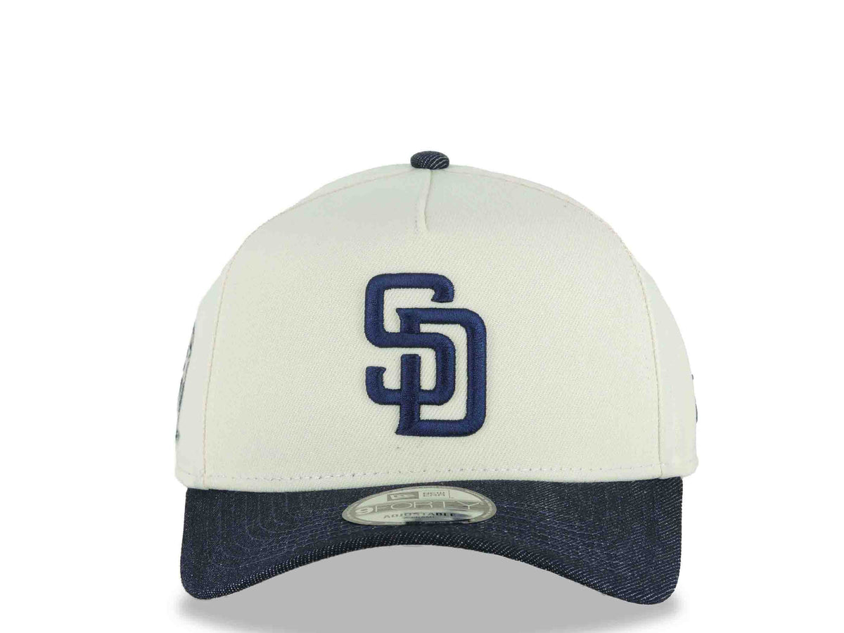 San Diego Padres New Era MLB 9FORTY 940 Adjustable A-Frame Cap Hat Cream Crown Blue Denim Visor Navy Blue Logo 25th Anniversary Side Patch Gray UV