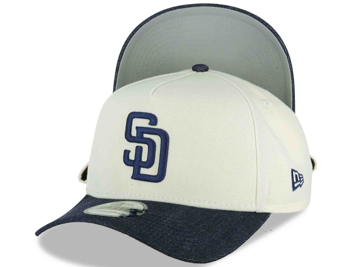 San Diego Padres New Era MLB 9FORTY 940 Adjustable A-Frame Cap Hat Cream Crown Blue Denim Visor Navy Blue Logo 25th Anniversary Side Patch Gray UV