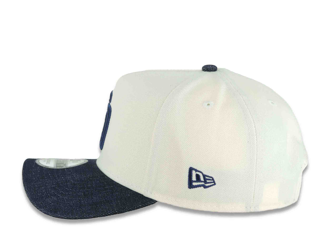 San Diego Padres New Era MLB 9FORTY 940 Adjustable A-Frame Cap Hat Cream Crown Blue Denim Visor Navy Blue Logo 25th Anniversary Side Patch Gray UV