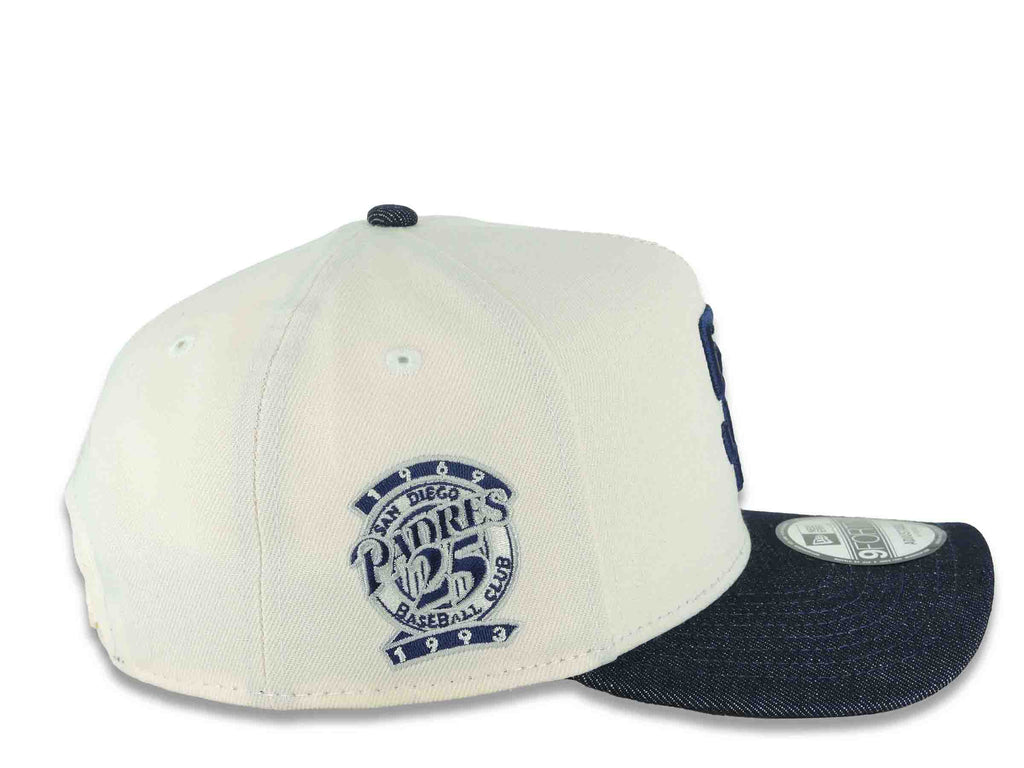San Diego Padres New Era MLB 9FORTY 940 Adjustable A-Frame Cap Hat Cream Crown Blue Denim Visor Navy Blue Logo 25th Anniversary Side Patch Gray UV