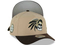 Mexico New Era 9FORTY 940 Adjustable A-Frame Cap Hat Khaki Crown Dark Brown Visor White/Black/Metallic Gold Skull Logo Aztec Calendar Side Patch