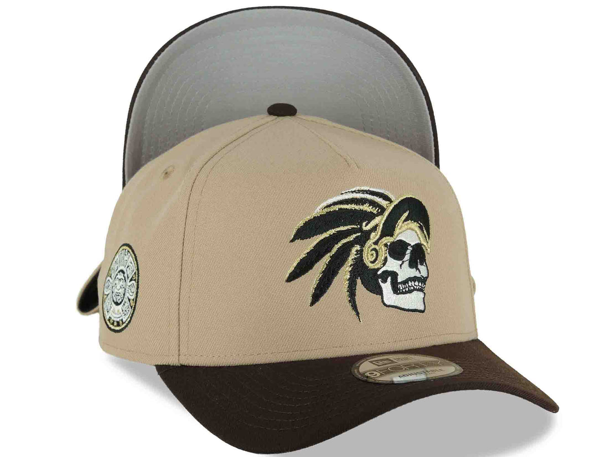Mexico New Era 9FORTY 940 Adjustable A-Frame Cap Hat Khaki Crown Dark Brown Visor White/Black/Metallic Gold Skull Logo Aztec Calendar Side Patch