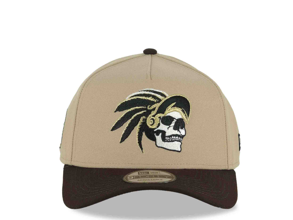 Mexico New Era 9FORTY 940 Adjustable A-Frame Cap Hat Khaki Crown Dark Brown Visor White/Black/Metallic Gold Skull Logo Aztec Calendar Side Patch