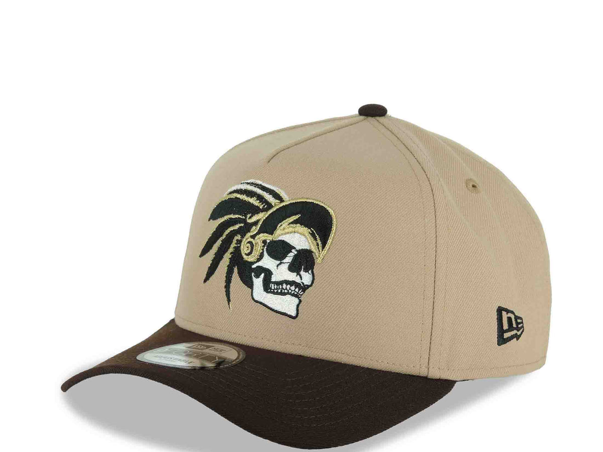 Mexico New Era 9FORTY 940 Adjustable A-Frame Cap Hat Khaki Crown Dark Brown Visor White/Black/Metallic Gold Skull Logo Aztec Calendar Side Patch