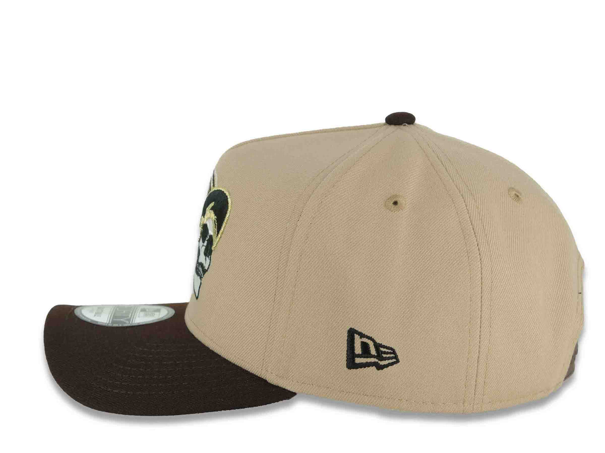 Mexico New Era 9FORTY 940 Adjustable A-Frame Cap Hat Khaki Crown Dark Brown Visor White/Black/Metallic Gold Skull Logo Aztec Calendar Side Patch