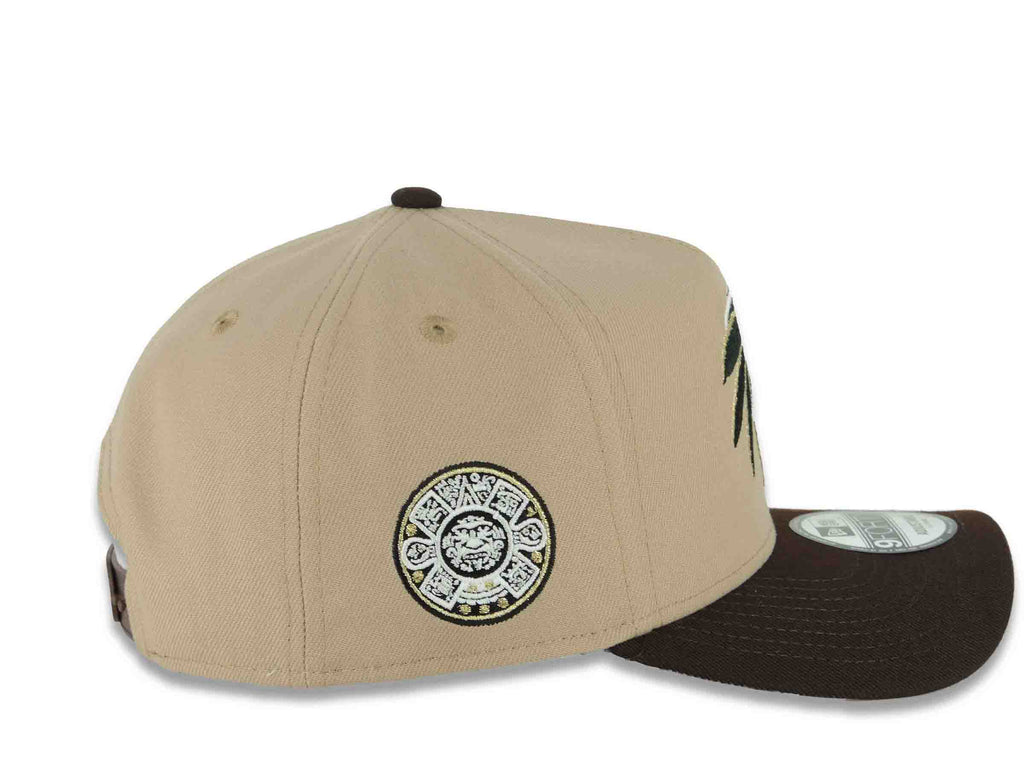 Mexico New Era 9FORTY 940 Adjustable A-Frame Cap Hat Khaki Crown Dark Brown Visor White/Black/Metallic Gold Skull Logo Aztec Calendar Side Patch
