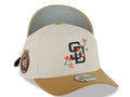 San Diego Padres New Era MLB 9FORTY 940 Adjustable A-Frame Cap Hat Stone Crown Light Brown Visor Black Logo With Rose 20 Years Petcopark Side Patch