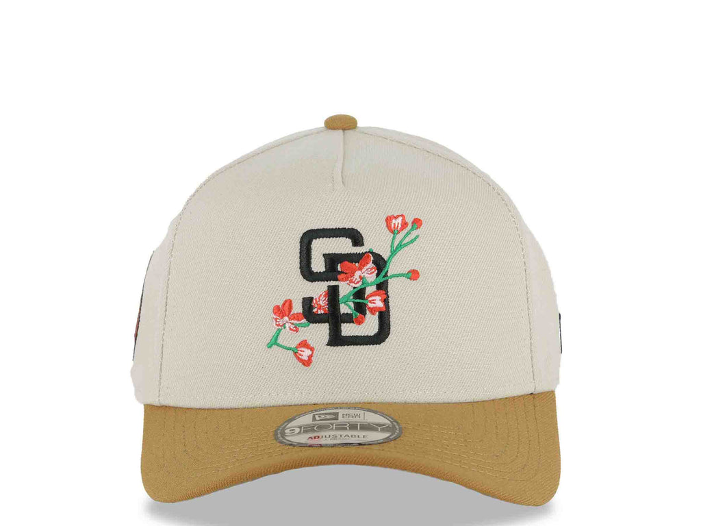 San Diego Padres New Era MLB 9FORTY 940 Adjustable A-Frame Cap Hat Stone Crown Light Brown Visor Black Logo With Rose 20 Years Petcopark Side Patch