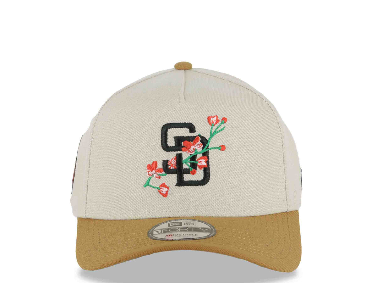 San Diego Padres New Era MLB 9FORTY 940 Adjustable A-Frame Cap Hat Stone Crown Light Brown Visor Black Logo With Rose 20 Years Petcopark Side Patch