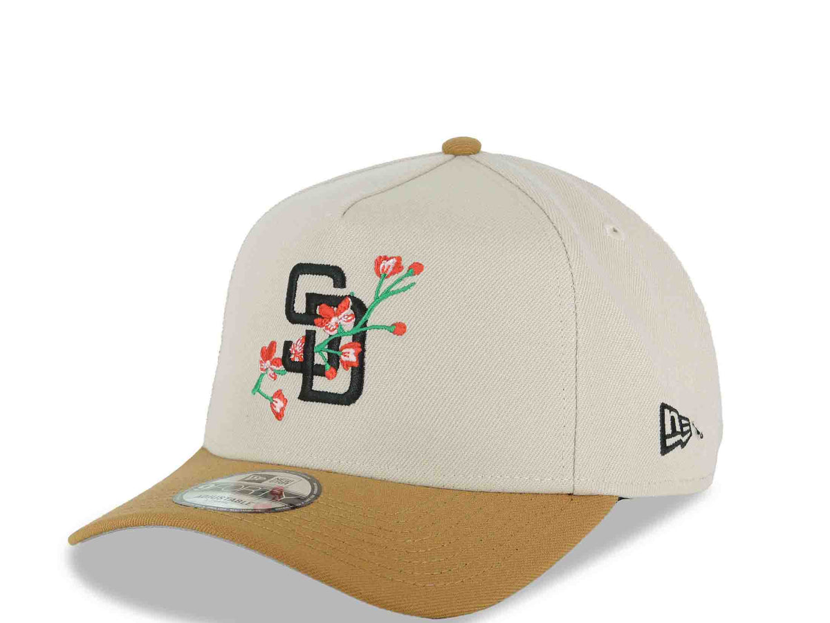 San Diego Padres New Era MLB 9FORTY 940 Adjustable A-Frame Cap Hat Stone Crown Light Brown Visor Black Logo With Rose 20 Years Petcopark Side Patch