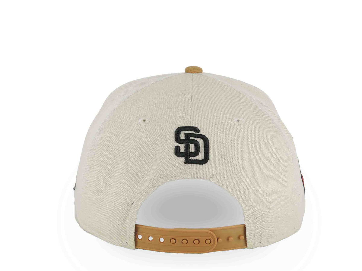 San Diego Padres New Era MLB 9FORTY 940 Adjustable A-Frame Cap Hat Stone Crown Light Brown Visor Black Logo With Rose 20 Years Petcopark Side Patch