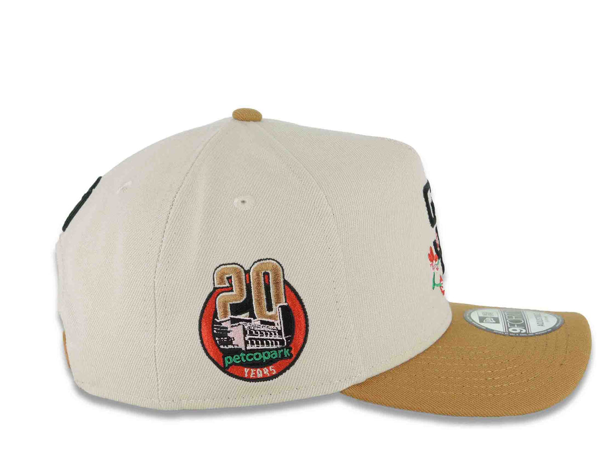 San Diego Padres New Era MLB 9FORTY 940 Adjustable A-Frame Cap Hat Stone Crown Light Brown Visor Black Logo With Rose 20 Years Petcopark Side Patch