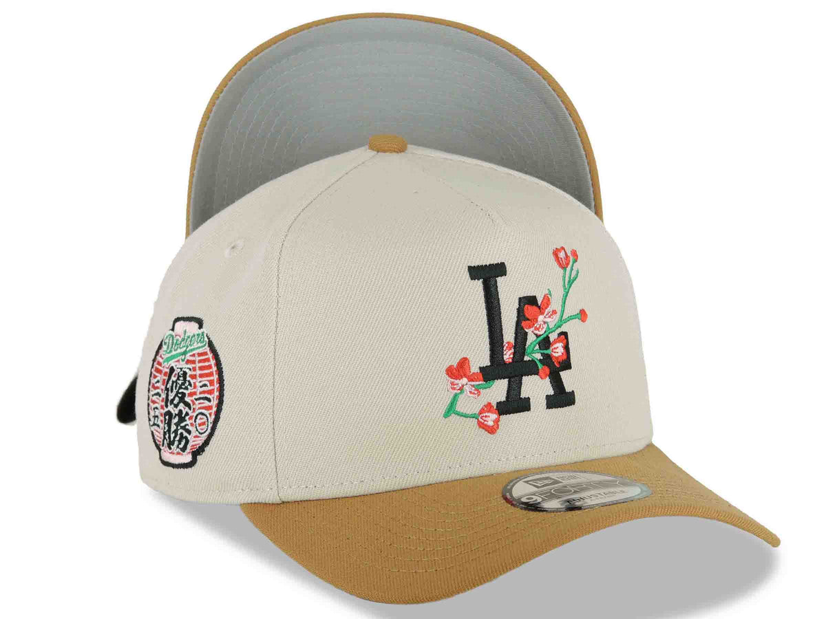 Los Angeles Dodgers New Era MLB 9FORTY 940 Adjustable A-Frame Cap Stone Crown Light Brown Visor Black Rose Logo 2025 World Series Lantern Side Patch