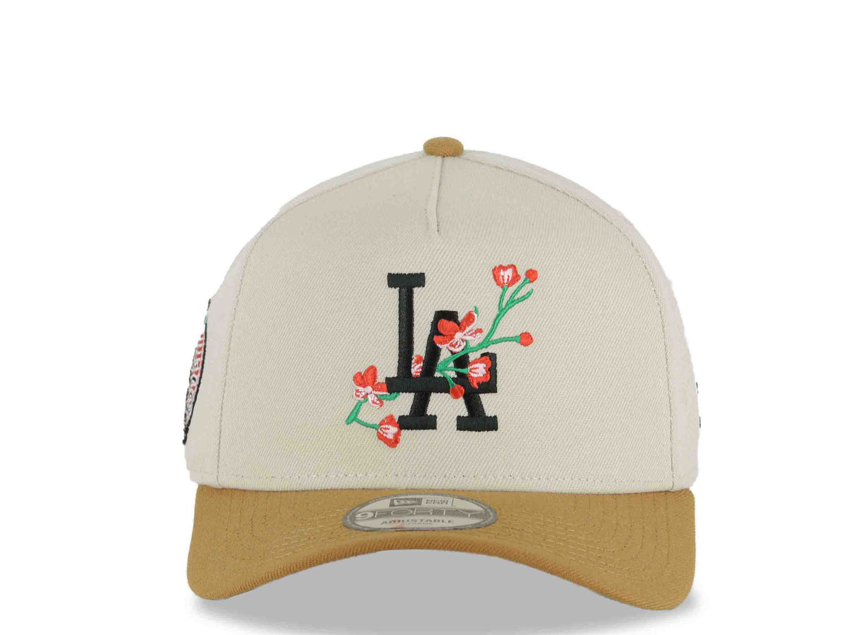Los Angeles Dodgers New Era MLB 9FORTY 940 Adjustable A-Frame Cap Stone Crown Light Brown Visor Black Rose Logo 2025 World Series Lantern Side Patch