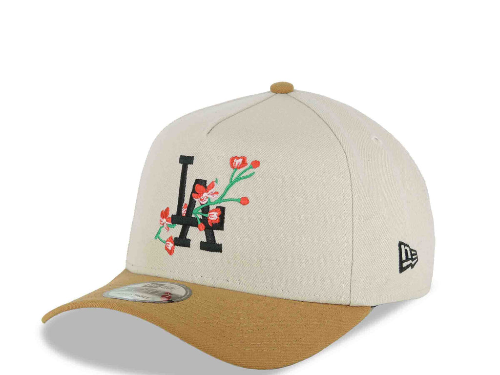 Los Angeles Dodgers New Era MLB 9FORTY 940 Adjustable A-Frame Cap Stone Crown Light Brown Visor Black Rose Logo 2025 World Series Lantern Side Patch