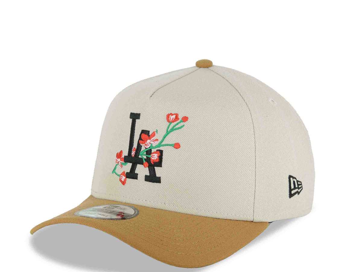 Los Angeles Dodgers New Era MLB 9FORTY 940 Adjustable A-Frame Cap Stone Crown Light Brown Visor Black Rose Logo 2025 World Series Lantern Side Patch