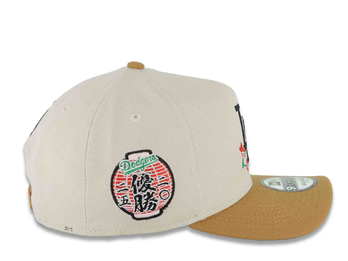 Los Angeles Dodgers New Era MLB 9FORTY 940 Adjustable A-Frame Cap Stone Crown Light Brown Visor Black Rose Logo 2025 World Series Lantern Side Patch