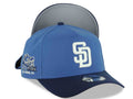 San Diego Padres New Era MLB 9FORTY 940 Adjustable A-Frame Cap Hat Dark Sky Blue Crown Navy Blue Visor White Logo Petcopark Side Patch Gray UV