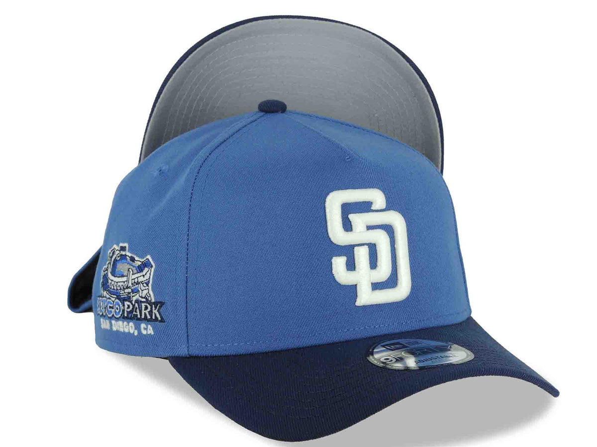 San Diego Padres New Era MLB 9FORTY 940 Adjustable A-Frame Cap Hat Dark Sky Blue Crown Navy Blue Visor White Logo Petcopark Side Patch Gray UV