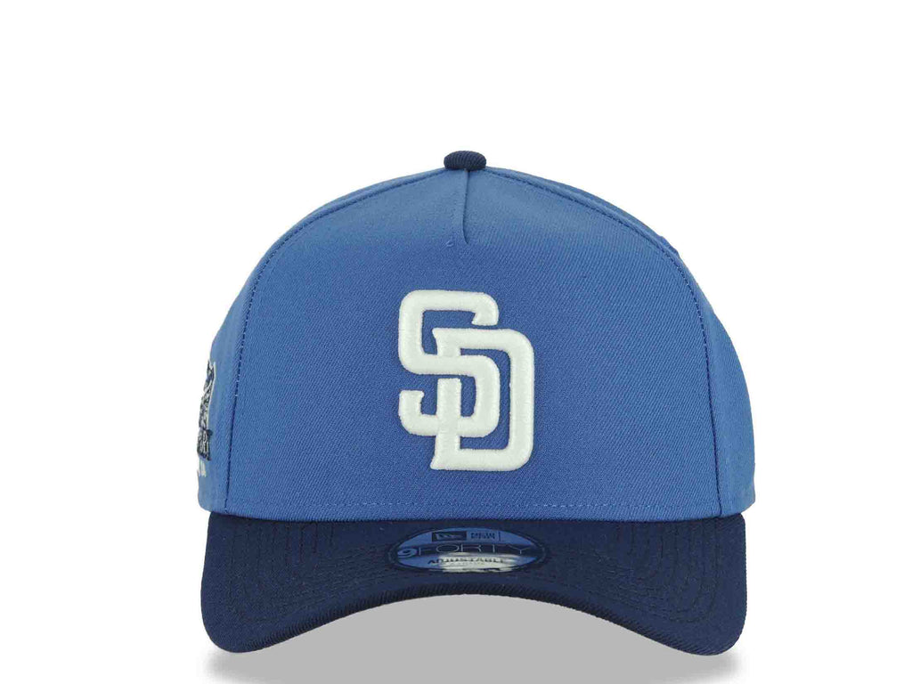 San Diego Padres New Era MLB 9FORTY 940 Adjustable A-Frame Cap Hat Dark Sky Blue Crown Navy Blue Visor White Logo Petcopark Side Patch Gray UV