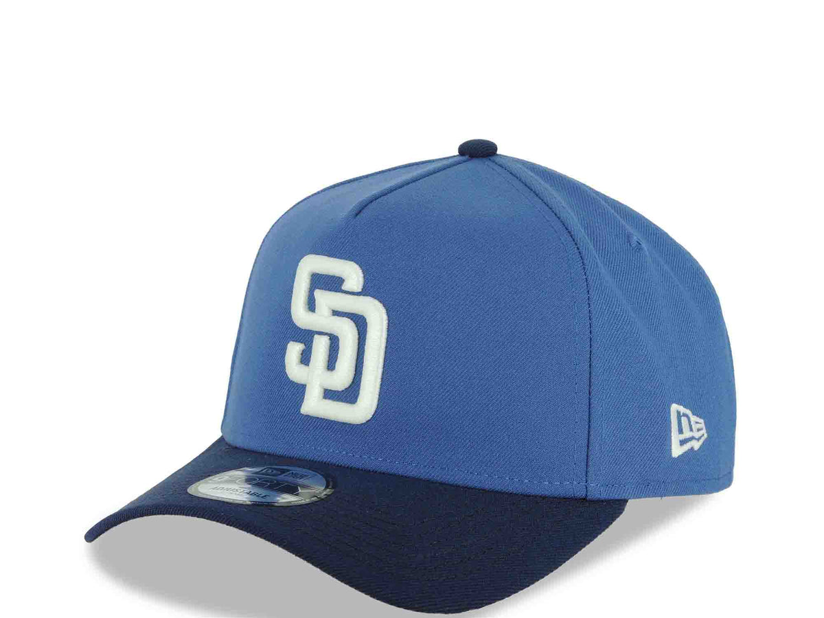 San Diego Padres New Era MLB 9FORTY 940 Adjustable A-Frame Cap Hat Dark Sky Blue Crown Navy Blue Visor White Logo Petcopark Side Patch Gray UV