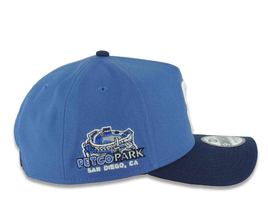 San Diego Padres New Era MLB 9FORTY 940 Adjustable A-Frame Cap Hat Dark Sky Blue Crown Navy Blue Visor White Logo Petcopark Side Patch Gray UV