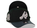 Atlanta Braves New Era MLB 9FORTY 940 Adjustable A-Frame Cap Hat Black Crown Dark Gray Visor Metallic Silver/Pink Axe Logo 40th Anniversary Side Patch