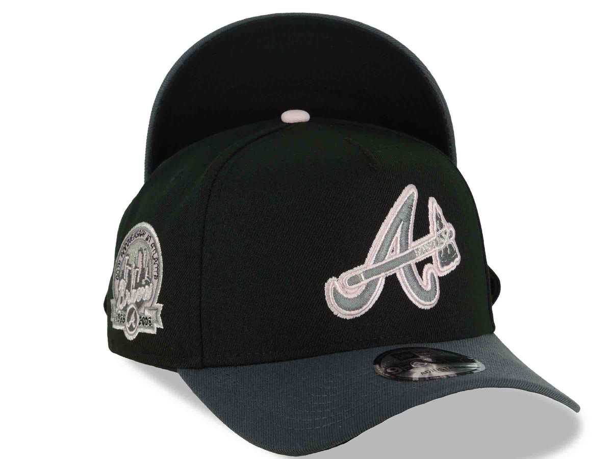 Atlanta Braves New Era MLB 9FORTY 940 Adjustable A-Frame Cap Hat Black Crown Dark Gray Visor Metallic Silver/Pink Axe Logo 40th Anniversary Side Patch