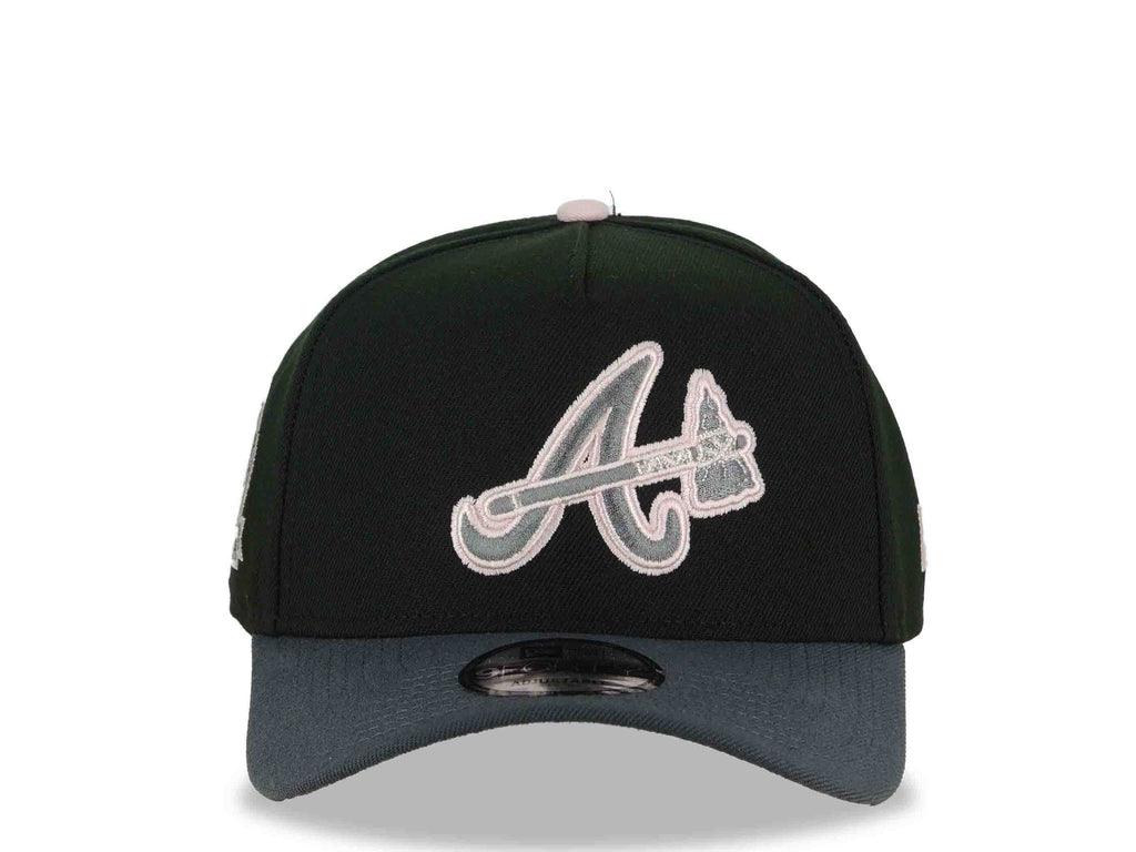 Atlanta Braves New Era MLB 9FORTY 940 Adjustable A-Frame Cap Hat Black Crown Dark Gray Visor Metallic Silver/Pink Axe Logo 40th Anniversary Side Patch