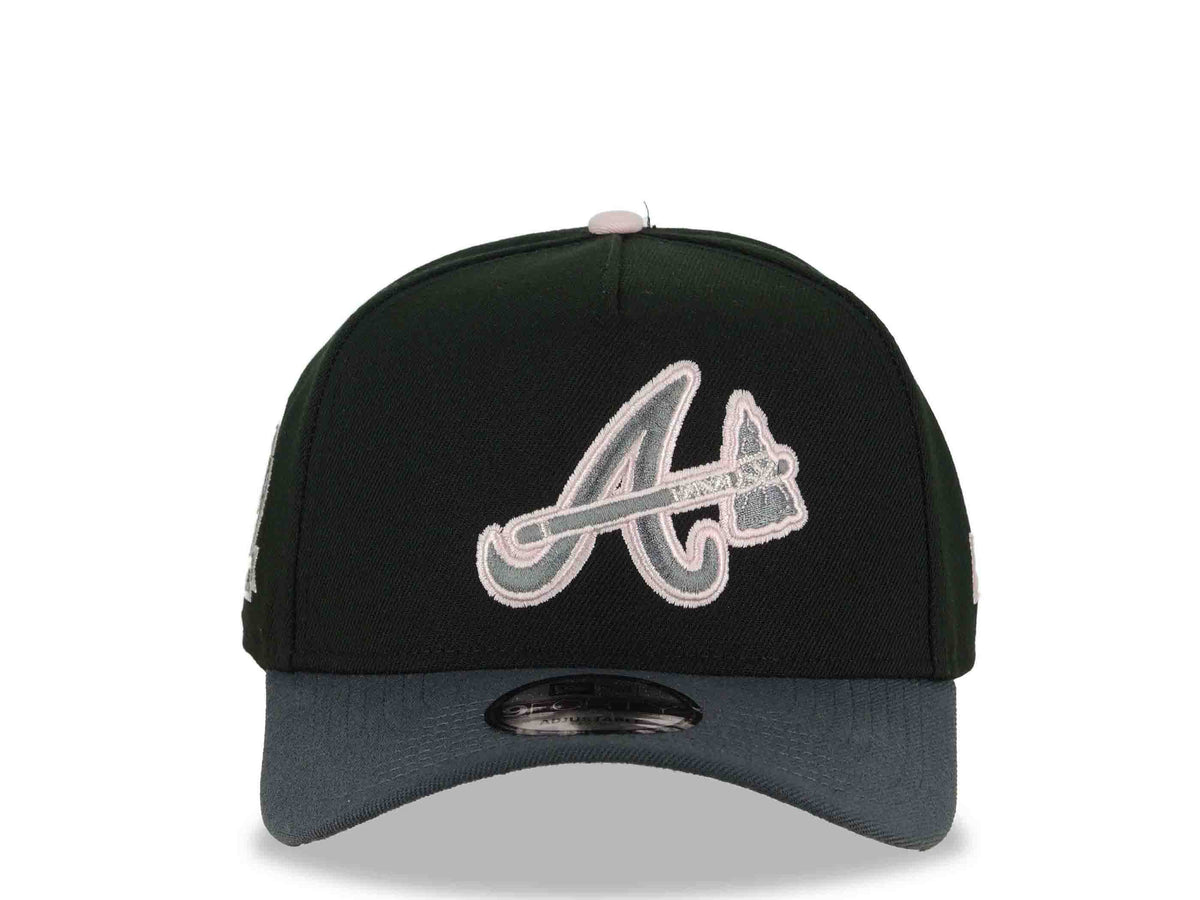 Atlanta Braves New Era MLB 9FORTY 940 Adjustable A-Frame Cap Hat Black Crown Dark Gray Visor Metallic Silver/Pink Axe Logo 40th Anniversary Side Patch