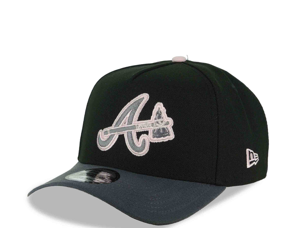 Atlanta Braves New Era MLB 9FORTY 940 Adjustable A-Frame Cap Hat Black Crown Dark Gray Visor Metallic Silver/Pink Axe Logo 40th Anniversary Side Patch
