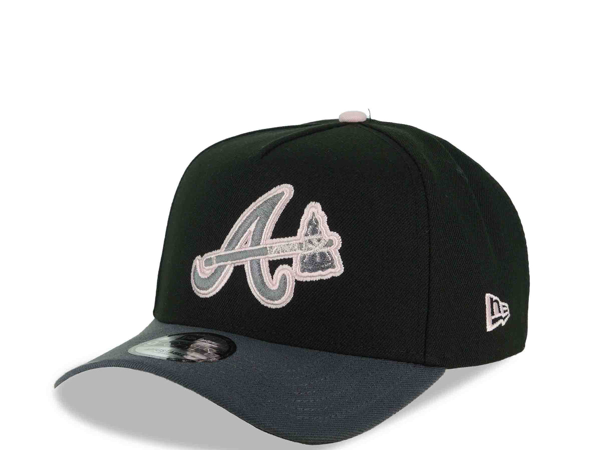 Atlanta Braves New Era MLB 9FORTY 940 Adjustable A-Frame Cap Hat Black Crown Dark Gray Visor Metallic Silver/Pink Axe Logo 40th Anniversary Side Patch