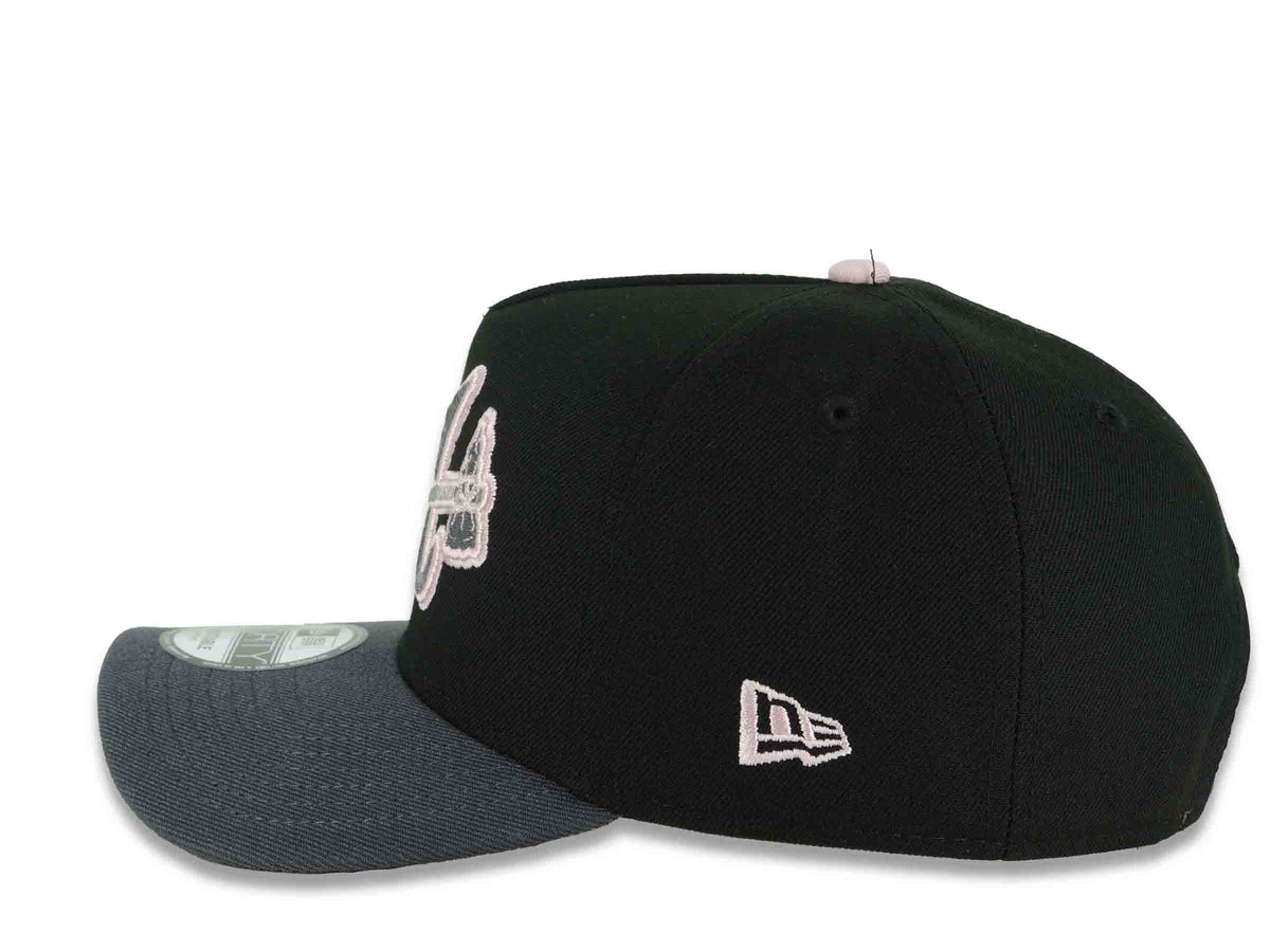 Atlanta Braves New Era MLB 9FORTY 940 Adjustable A-Frame Cap Hat Black Crown Dark Gray Visor Metallic Silver/Pink Axe Logo 40th Anniversary Side Patch
