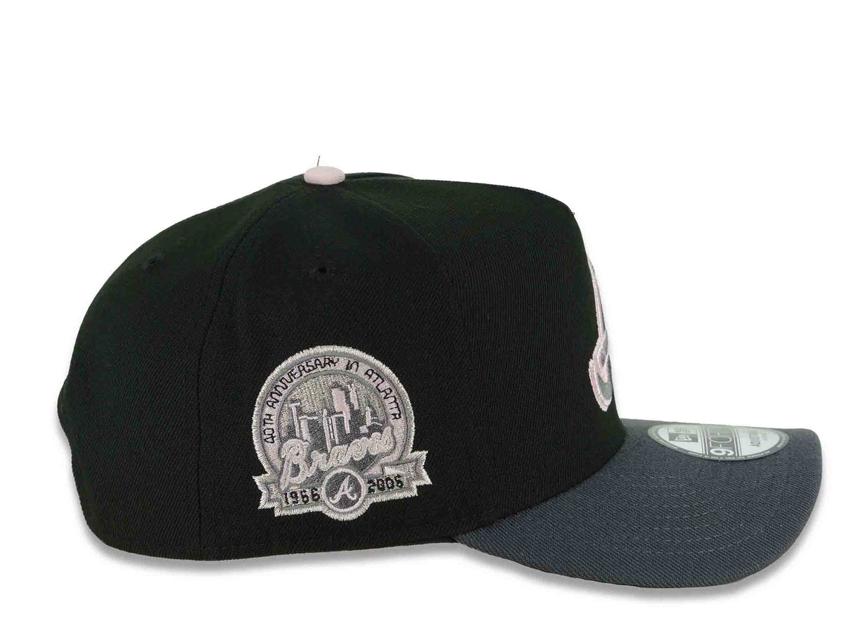 Atlanta Braves New Era MLB 9FORTY 940 Adjustable A-Frame Cap Hat Black Crown Dark Gray Visor Metallic Silver/Pink Axe Logo 40th Anniversary Side Patch