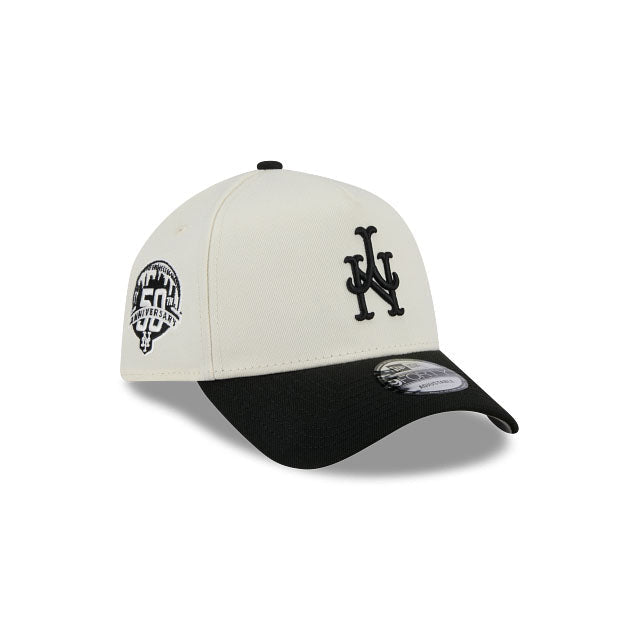 New York Mets New Era MLB 9FORTY 940 Adjustable A-Frame Cap Hat Chrome White Crown Black Visor Black Upside Down Logo 50th Anniversary Side Patch