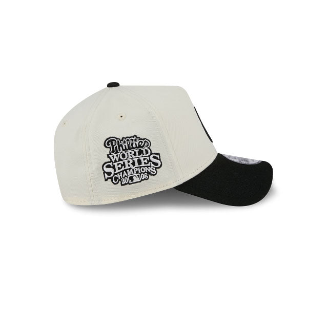 Philadelphia Phillies New Era MLB 9FORTY 940 Adjustable A-Frame Cap Cream Crown Black Visor Black Upside Down 2008 World Series Champions Side Patch