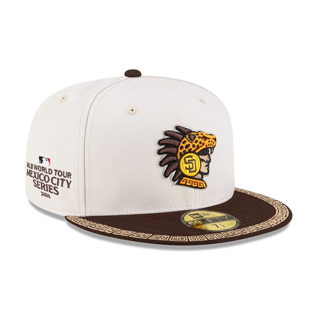 San Diego Padres New Era MLB 59FIFTY 5950 Fitted Cap Hat Cream Crown Brown Visor Dark Orange/Yellow Logo (2026 MLB World Tour Mexico City Series)