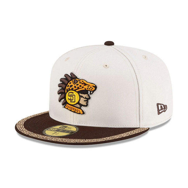 San Diego Padres New Era MLB 59FIFTY 5950 Fitted Cap Hat Cream Crown Brown Visor Dark Orange/Yellow Logo (2026 MLB World Tour Mexico City Series)
