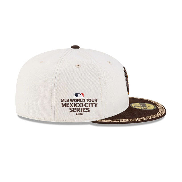 San Diego Padres New Era MLB 59FIFTY 5950 Fitted Cap Hat Cream Crown Brown Visor Dark Orange/Yellow Logo (2026 MLB World Tour Mexico City Series)