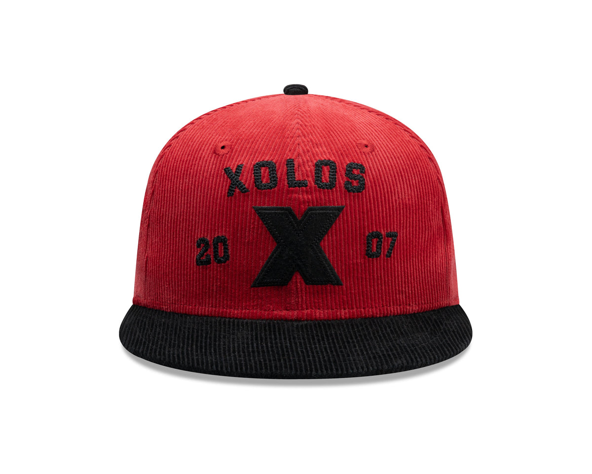 (Corduroy) Xolos de Tijuana New Era Liga MX 59FIFTY 5950 Fitted Cap Hat Red Crown Black Visor Black 2007 X Logo 2007 Club Tijuana Side Patch