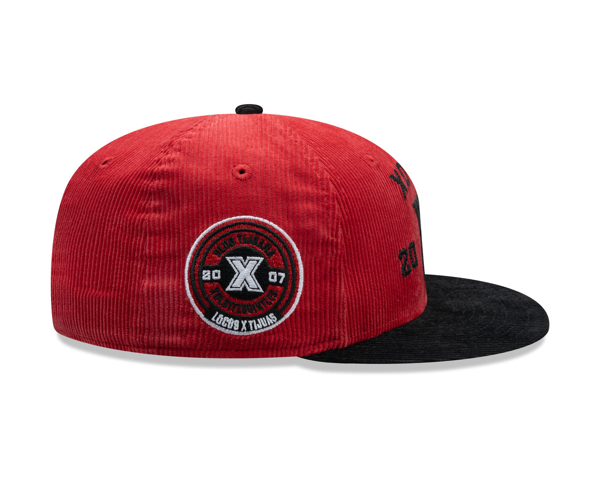 (Corduroy) Xolos de Tijuana New Era Liga MX 59FIFTY 5950 Fitted Cap Hat Red Crown Black Visor Black 2007 X Logo 2007 Club Tijuana Side Patch