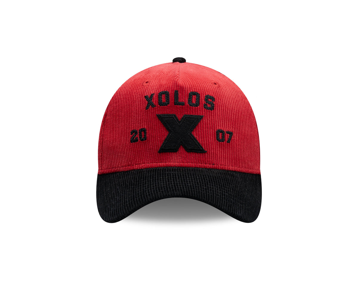 (Corduroy) Xolos de Tijuana New Era Liga MX 9FORTY 940 Adjustable A-Frame Cap Hat Red Crown Black Visor Black 2007 X Logo 2007 Club Tijuana Side Patch
