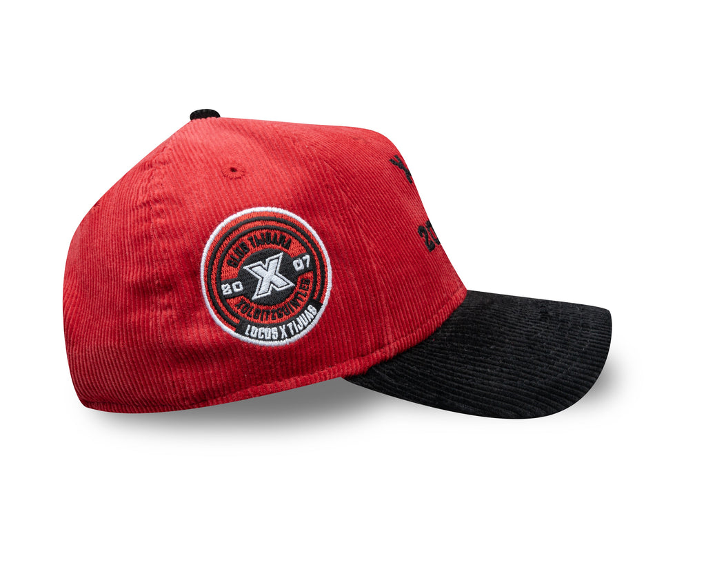 (Corduroy) Xolos de Tijuana New Era Liga MX 9FORTY 940 Adjustable A-Frame Cap Hat Red Crown Black Visor Black 2007 X Logo 2007 Club Tijuana Side Patch