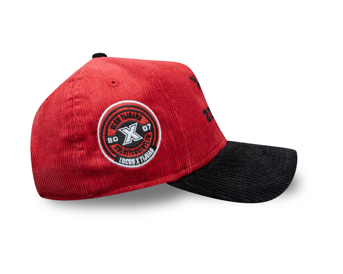 (Corduroy) Xolos de Tijuana New Era Liga MX 9FORTY 940 Adjustable A-Frame Cap Hat Red Crown Black Visor Black 2007 X Logo 2007 Club Tijuana Side Patch