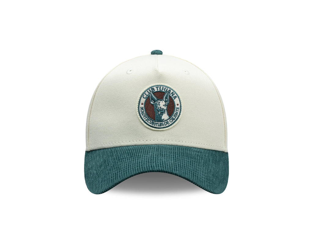 (Corduroy Visor) Xolos de Tijuana New Era Liga MX 9FORTY 940 Adjustable A-Frame Cap Cream Crown Teal Visor Teal/Maroon Logo Club Tijuana Side Patch