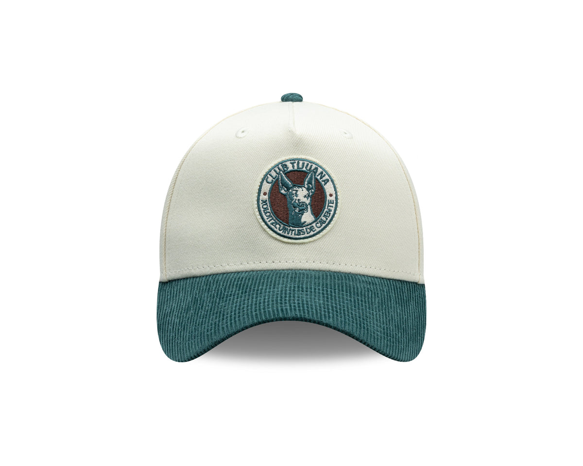(Corduroy Visor) Xolos de Tijuana New Era Liga MX 9FORTY 940 Adjustable A-Frame Cap Cream Crown Teal Visor Teal/Maroon Logo Club Tijuana Side Patch