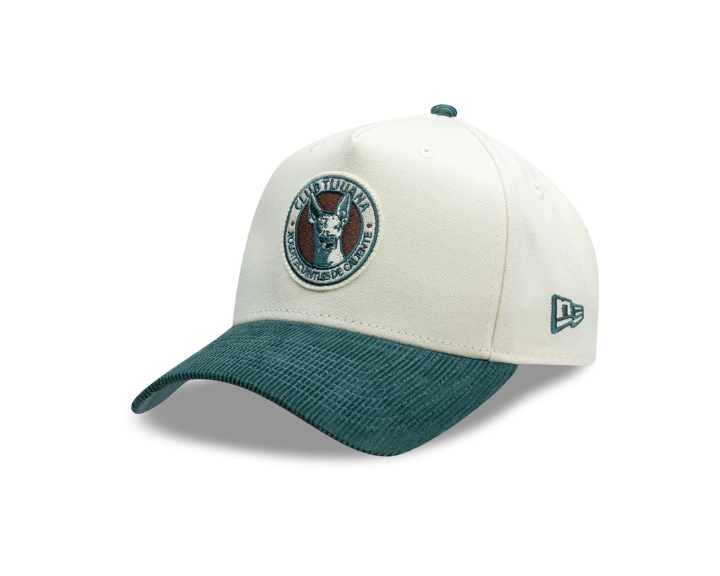 (Corduroy Visor) Xolos de Tijuana New Era Liga MX 9FORTY 940 Adjustable A-Frame Cap Cream Crown Teal Visor Teal/Maroon Logo Club Tijuana Side Patch