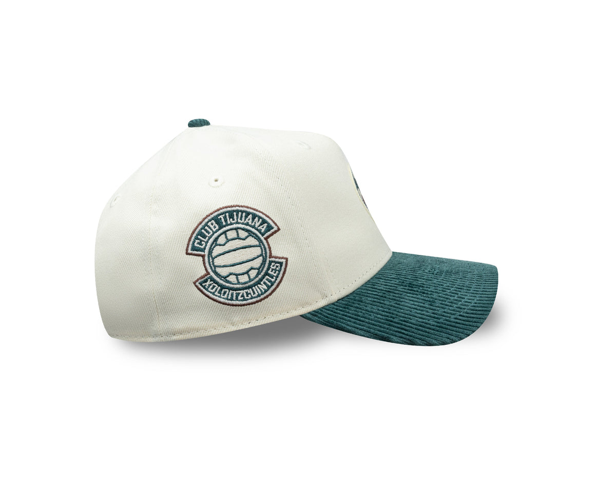 (Corduroy Visor) Xolos de Tijuana New Era Liga MX 9FORTY 940 Adjustable A-Frame Cap Cream Crown Teal Visor Teal/Maroon Logo Club Tijuana Side Patch